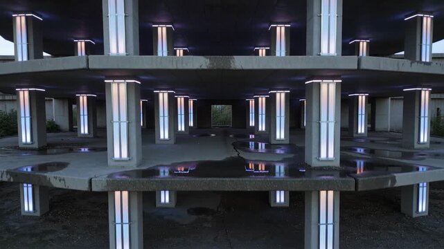 Cycling LEDs lighting columns and slabs in garage making camera pan showing puddles, crack, opening