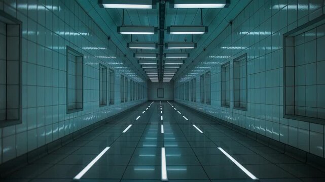 Timer initiating ceiling lights cycling teal and red through corridor in tunnel