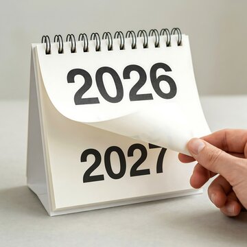 Hand turning a spiral desk calendar page from the year 2026 to 2027, close up view of a transition between two years on a white office background