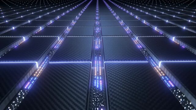 Emitting central trench sending neon particles along ridged panel grid, signaling system startup