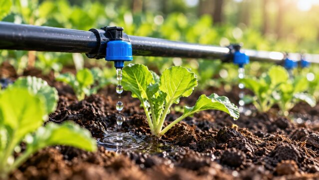 Drip irrigation system watering green vegetable crops with blue nozzles in cultivated muddy field.