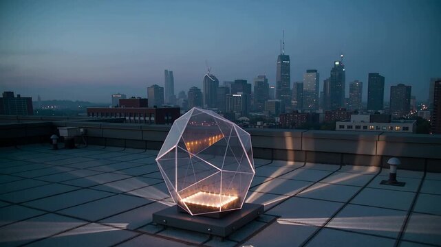 Starting sequence pulsing polyhedron shifting color, sweeping rays across tiled roof, with lit base