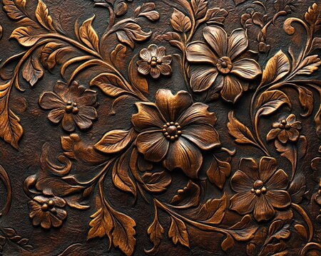 Embossed / Debossed Texture Art of an intricate floral pattern on aged leather, deep shadows and highlights emphasizing the relief 