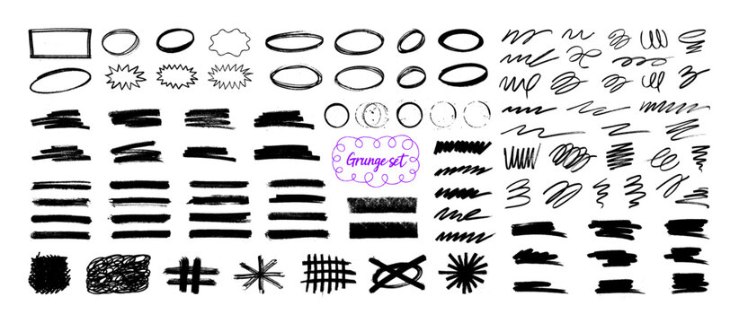 A diverse collection hand drawn grunge elements including brush strokes, text highlights, curve lines, frames, lines, circles, and ink scribbles. Brush strokes and grunge graphic box. Vector set