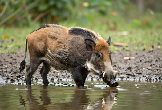 Wildlife conservation and biodiversity wild boar standing in water at a forest pond nature and animal habitat feral pig in natural environment