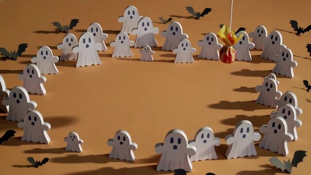 Swinging wrapped candy lowering from string tug toward ring of white ghosts on tabletop with bats