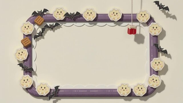 String tug causing red candy swinging, shadow shifting on cream page, rail with cookies