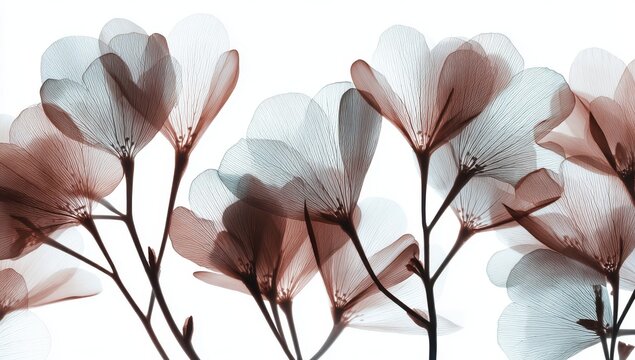 Beautiful blooming magnolia flowers with soft pink petals captured in a high key style against a clean white background for spring designs