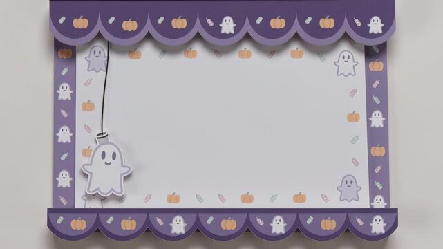 Slackening black string dropping paper ghost and swinging in purple frame on wall with blank center