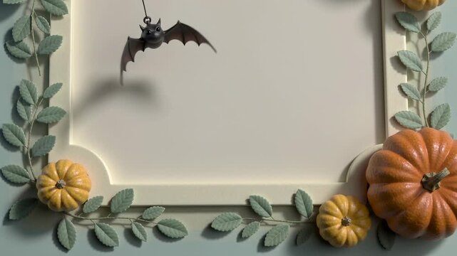 Swinging hanging bat ornament moving from breeze on beige panel, leafy garland, pumpkins