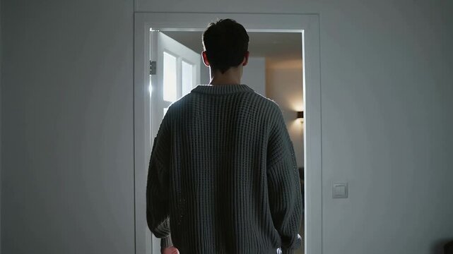 Stepping into doorway, man in gray sweater pausing, scanning home, backing past white door and lamp