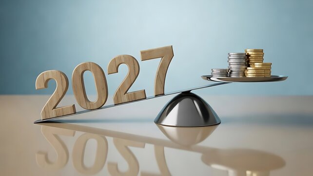 Wooden 2027 numbers balanced on a scale with stacks of coins representing financial balance and economic planning for the upcoming year