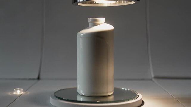 Turntable rotating white bottle on glass table under spotlight, clear cap left for product shot