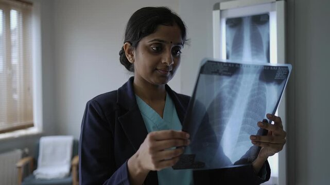 Noticing viewer, doctor in scrubs aligning and scanning chest x-ray film at clinic to assess lungs