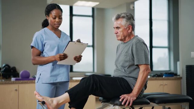 Clinician in scrubs cueing senior patient lifting leg on bench in clinic, clipboard noting progress
