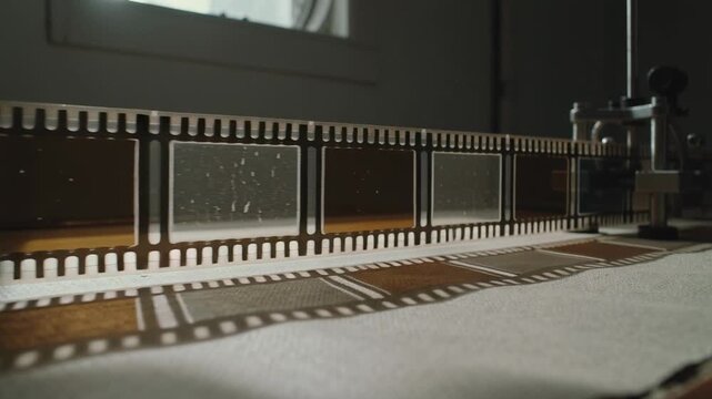 Sliding perforated film strip moving left across bench by window, clamp engaging, indexing frames