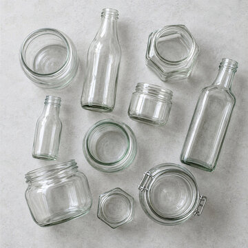 Clean empty glass jars, bottles of different shapes on light grey stone surface, top view, reuse concept