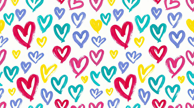 Hand drawn colorful crayon scribble hearts seamless pattern background with valentines