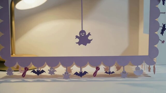 Swaying purple ghost inside scalloped frame on table, lamp heat causing swing over bat candy shapes