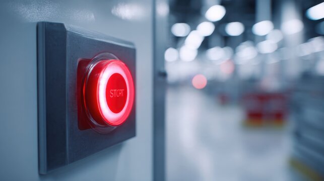 Bright red illuminated start button mounted on a sleek modern industrial control panel, extreme close up foreground, soft contemporary factory