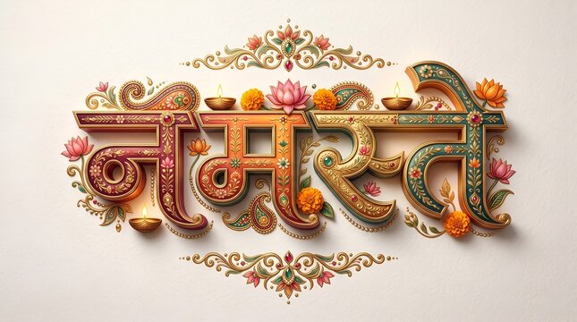Happy Dhanteras Hindi Typography 3D Golden Text Lotus Flower Diya Marigold Diwali Festival Dhan Teras Greeting