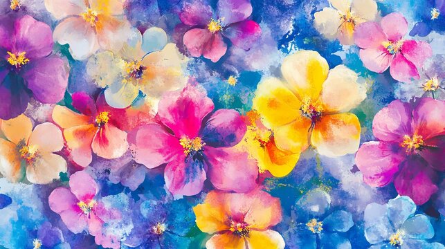Vibrant floral watercolor painting, blending pinks, yellows, and blues, creates a beautiful and delicate springtime concept
