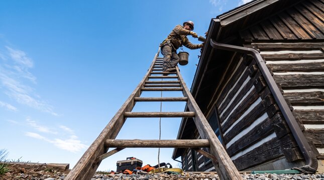Diligent homeowner on a tall ladder meticulously cleaning the gutters of a rustic wooden house under a bright blue sky, performing essential exterior maintenance