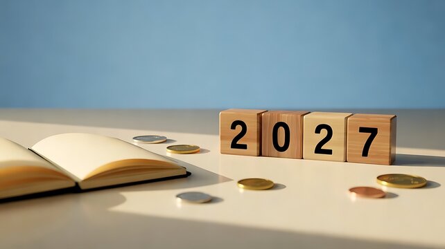 Wooden blocks with 2027 digits placed beside an open notebook and scattered coins representing financial planning and future budget goals