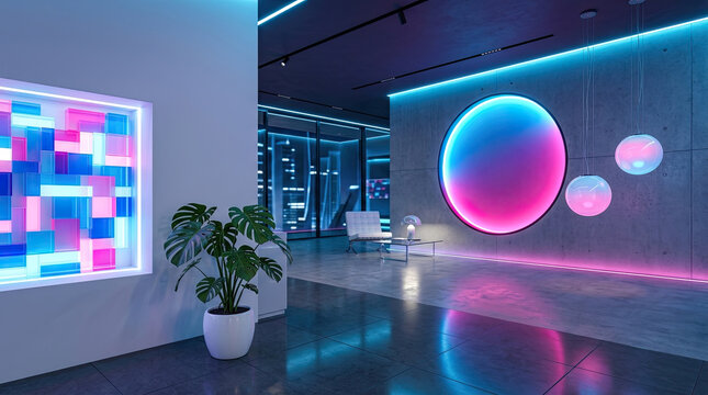 Futuristic office lobby interior with glowing neon circles and modern minimalist design