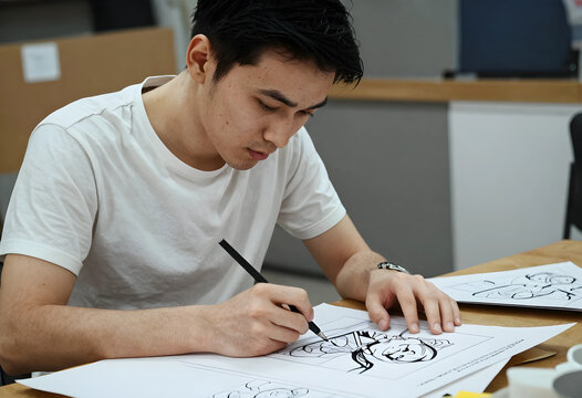 Creativity and artistic workflow, young man drawing manga sketches at a desk with focus and dedication in a creative studio environment for design projects