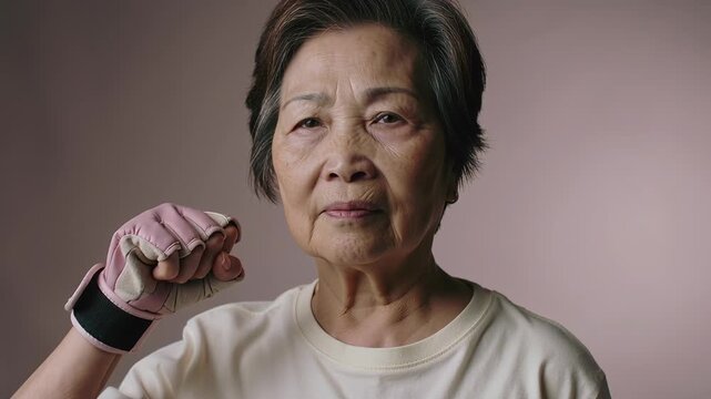 Camera rolling, Asian woman pushing fist at lens in studio, showing pink glove and beige T-shirt