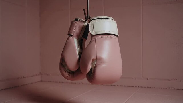 Swinging pink boxing gloves rotating from angled hang toward centered rest in tiled corner on hook