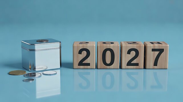 Wooden blocks with the year 2027 printed on them next to a small metal box and scattered coins on a smooth blue surface for financial planning