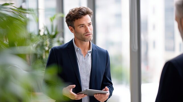 Envision a scene of a corporate businessman engaged in a serious conversation inside a modern office. He stands confidently, perhaps with one hand gesturing to emphasize a point,
