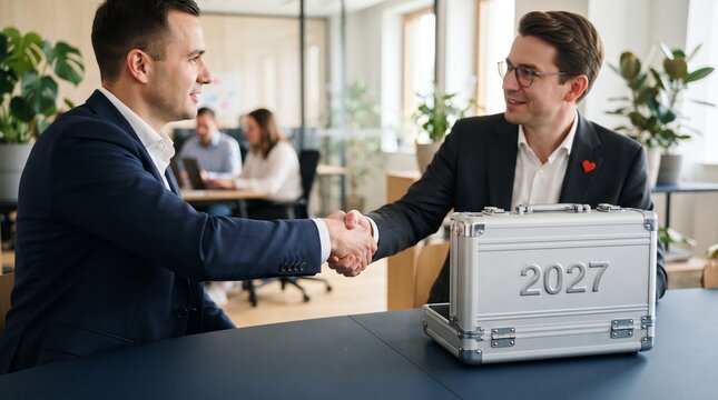 corporate partnership deal being finalized through a handshake in a bright workplace, symbolizing future business planning, investment, and growth for the year 2027