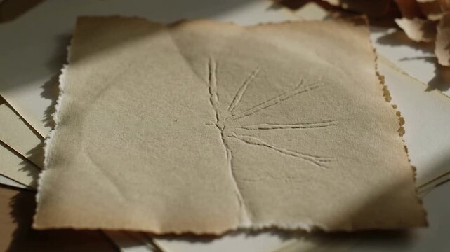 Moving light revealing aged square paper sheet on wood tabletop, uncovering embossed veins