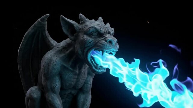 Cinematic 4K Gothic Gargoyle Stone Statue Breathing Intense Blue Fire and Magical Flames against a Spooky Dark Background