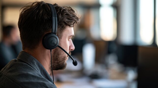 A young man with dark hair and beard wears black headphones with a microphone boom in a modern office setting. The background shows blurred workplace elements and warm ambient lighting.