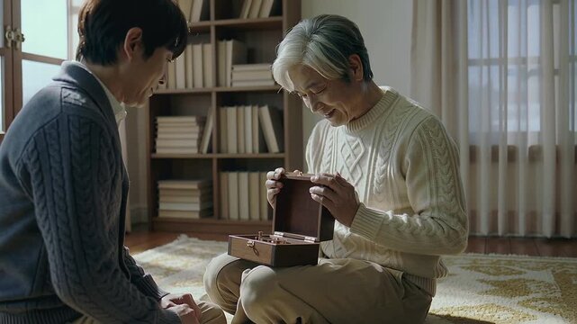 Unlatching senior man wearing cream sweater opening wooden box in living room, and sharing memory