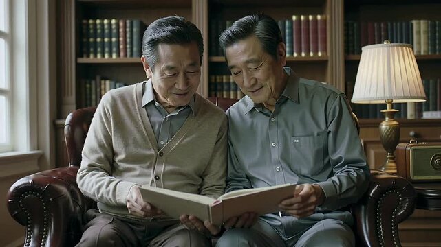 Flipping pages senior men in cardigan and grey shirt leaning over scrapbook in den reminiscing