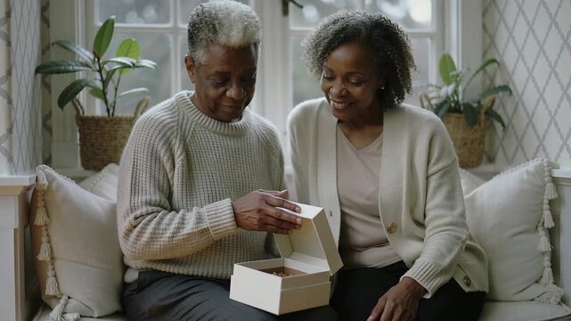 Lifting left hand, couple wearing cardigan opening white box on window seat revealing filler