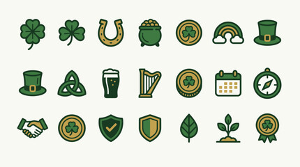 Obraz premium Saint Patricks Day green holiday icon set flat design.