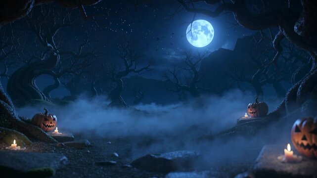 Pulling back camera revealing carved pumpkin on mossy ledge, candles flickering, fog to reveal moon