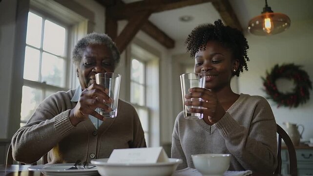 Picking up clear glasses, grandma and grandchild clinking at home table in sweaters