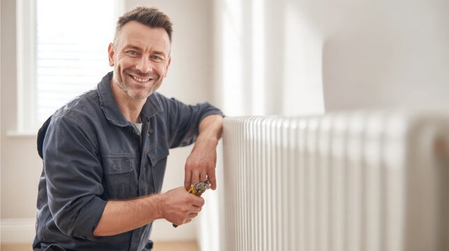 close up professional heating technician proudly inspecting a newly installed modern radiator, standing directly beside it with one hand resting