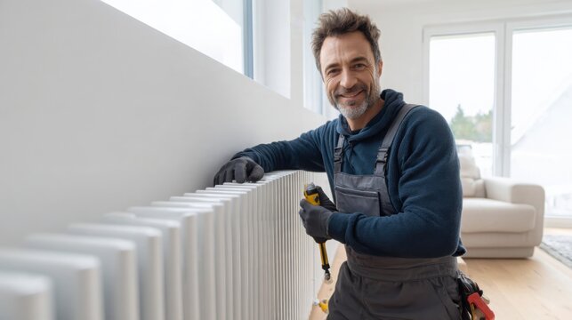 close up professional heating technician proudly inspecting a newly installed modern radiator, standing directly beside it with one hand resting