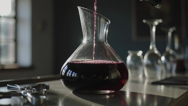 Tipping bottle top-right pouring red wine into decanter on counter, with corkscrew for aeration