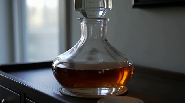 Shifting camera showing decanter on wooden table near window, revealing stopper and amber liquid