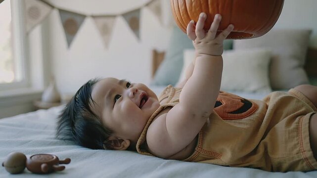 Reaching infant in orange romper grasping lowered pumpkin on bed near window, testing grip