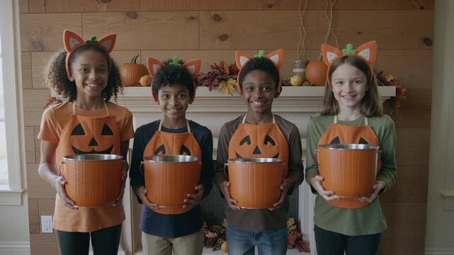 Standing four kids holding pumpkin buckets at home, offscreen cue signaling smiling with aprons